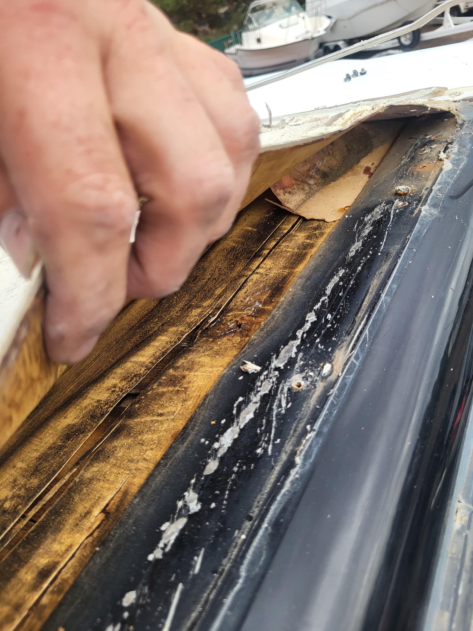 Rotten plywood decking exposed during RV roof replacement