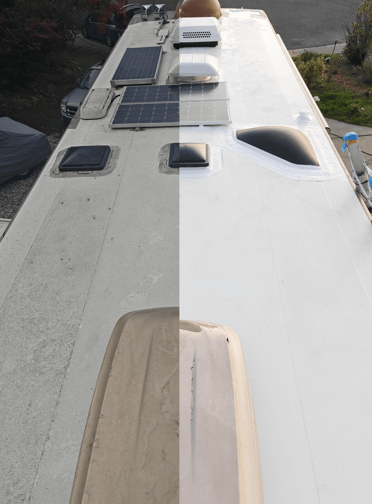 Before and after RV roof maintenance showing restored sealed surface in Sacramento