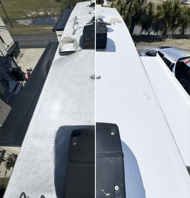 Before and after RV roof coating system showing restored roof surface in Venice, FL