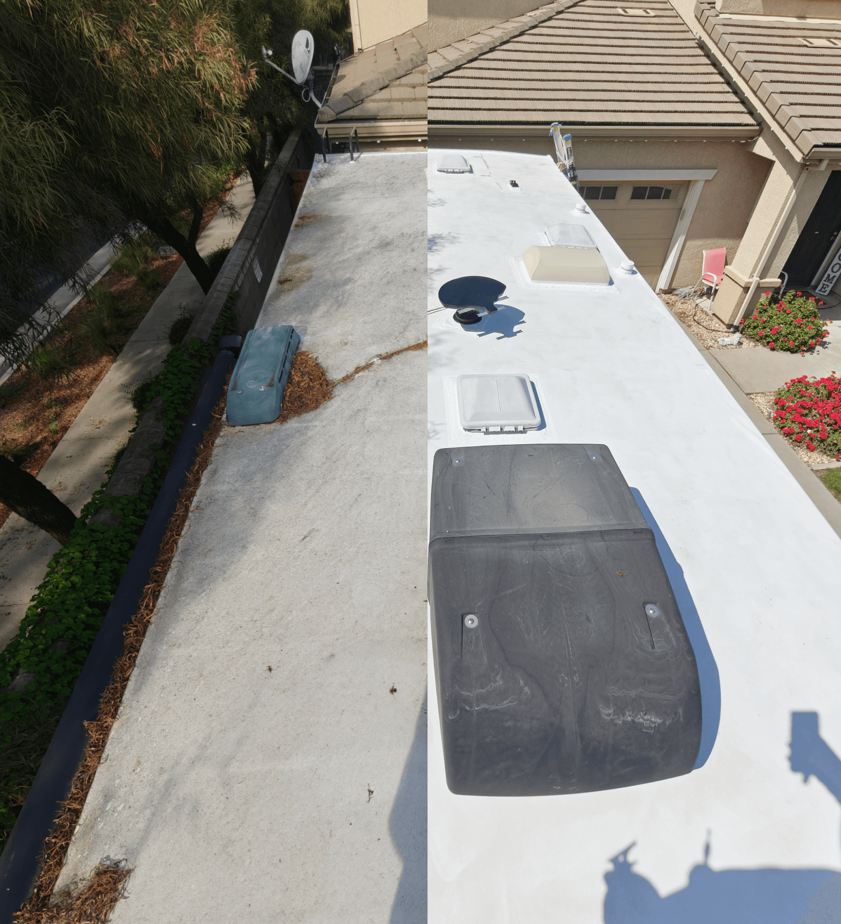 Before and after RV roof maintenance showing restored and sealed surface in Sacramento