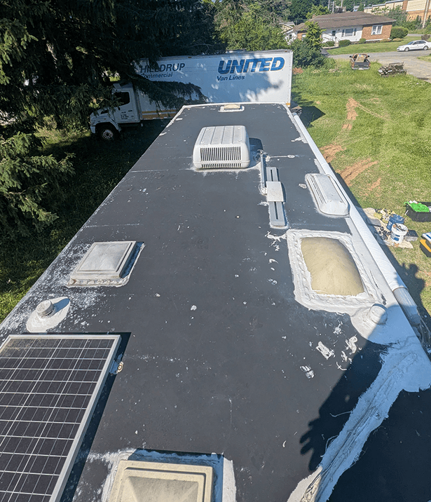 Aged RV roof before PVC roof replacement in Philadelphia