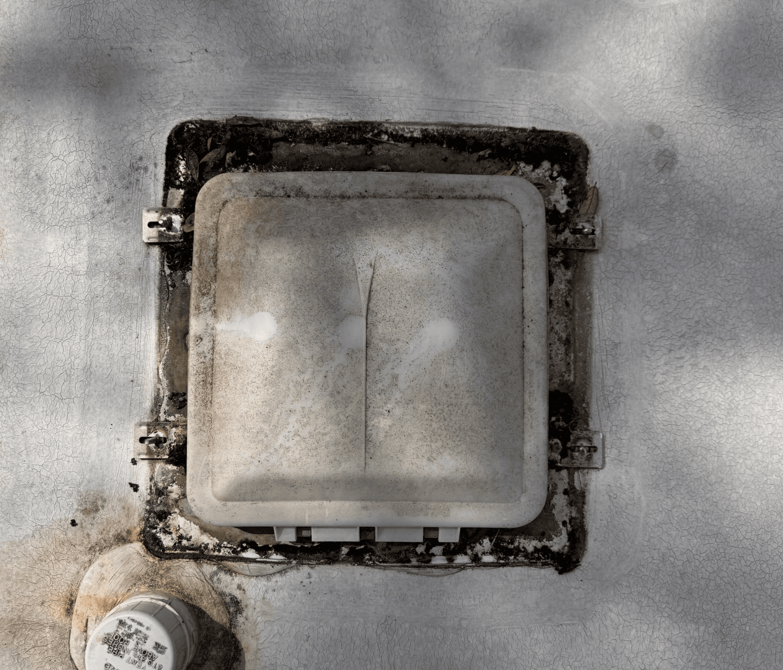 Cracked and deteriorated sealant around roof vent before maintenance