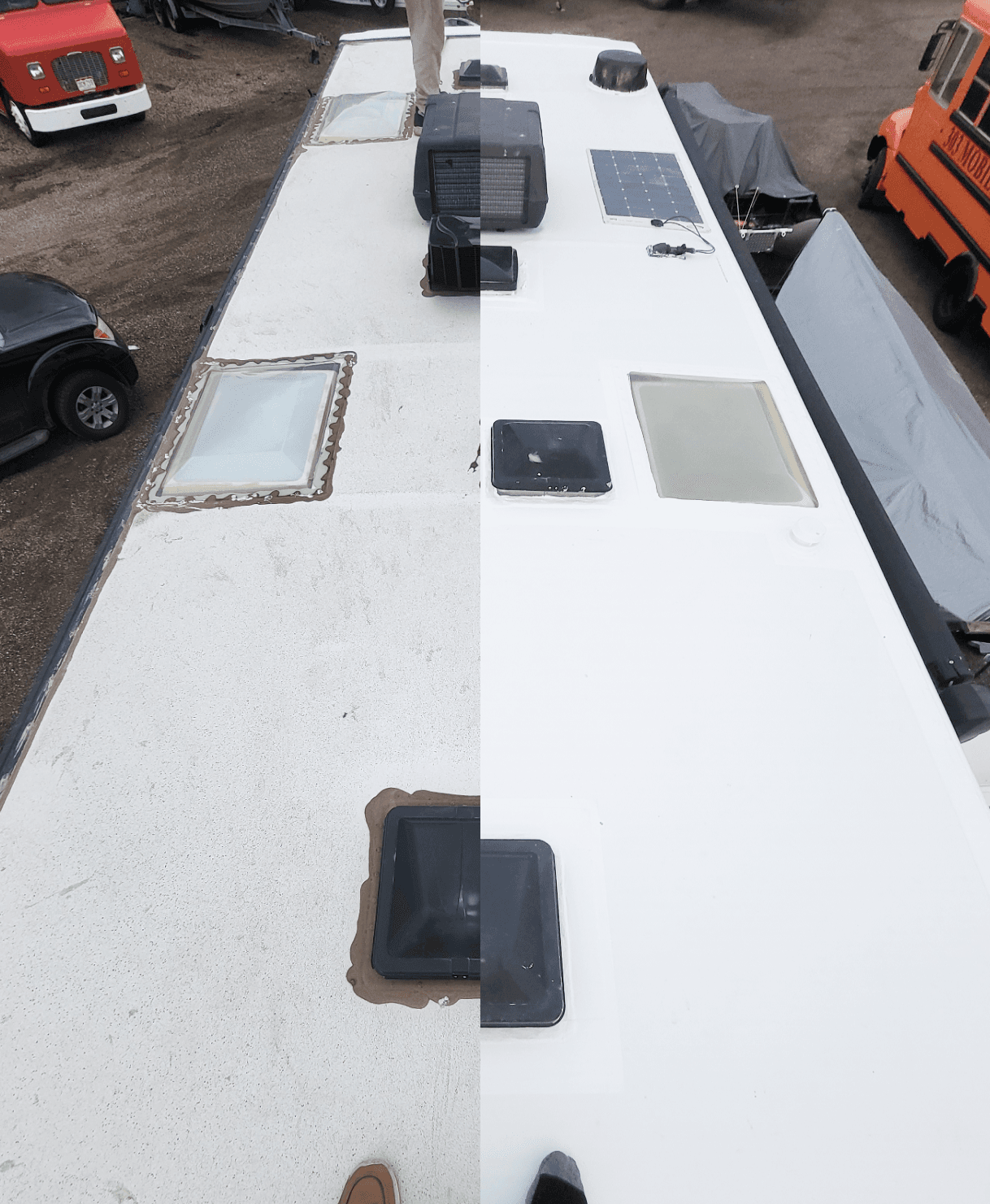 Before and after RV roof replacement showing new TPO membrane in Denver