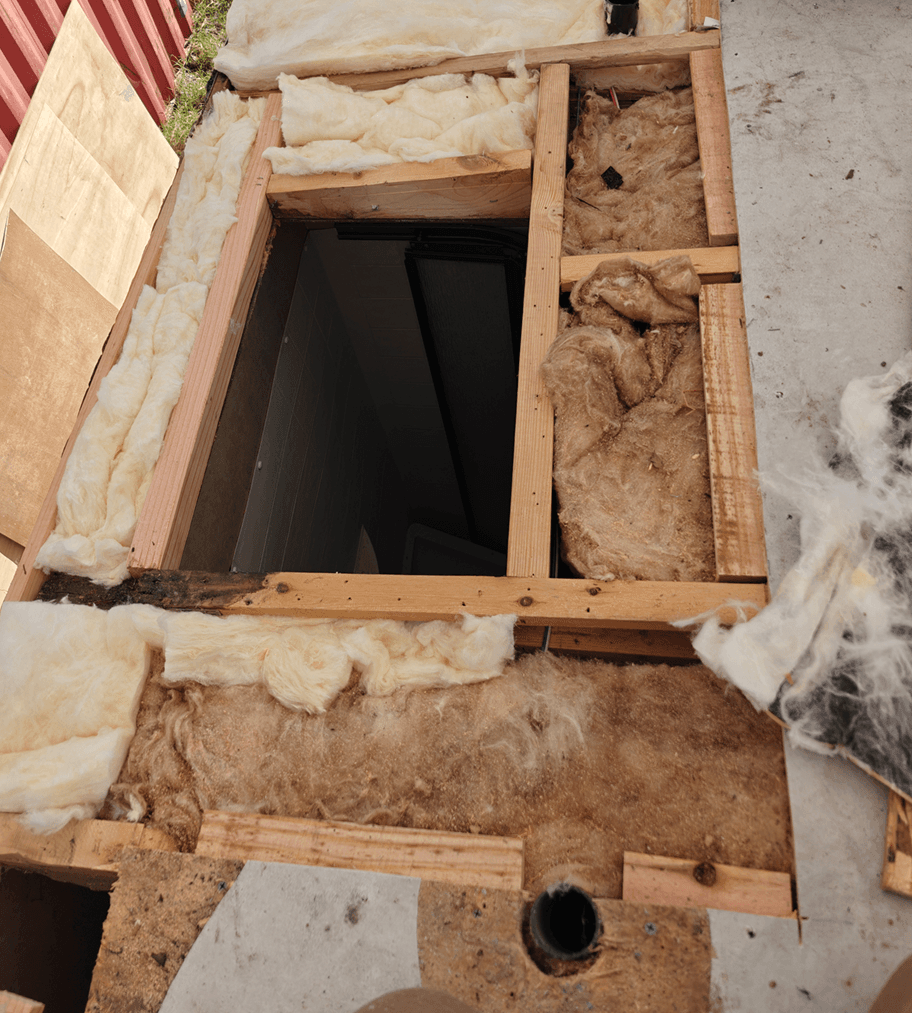 Opened RV roof showing insulation