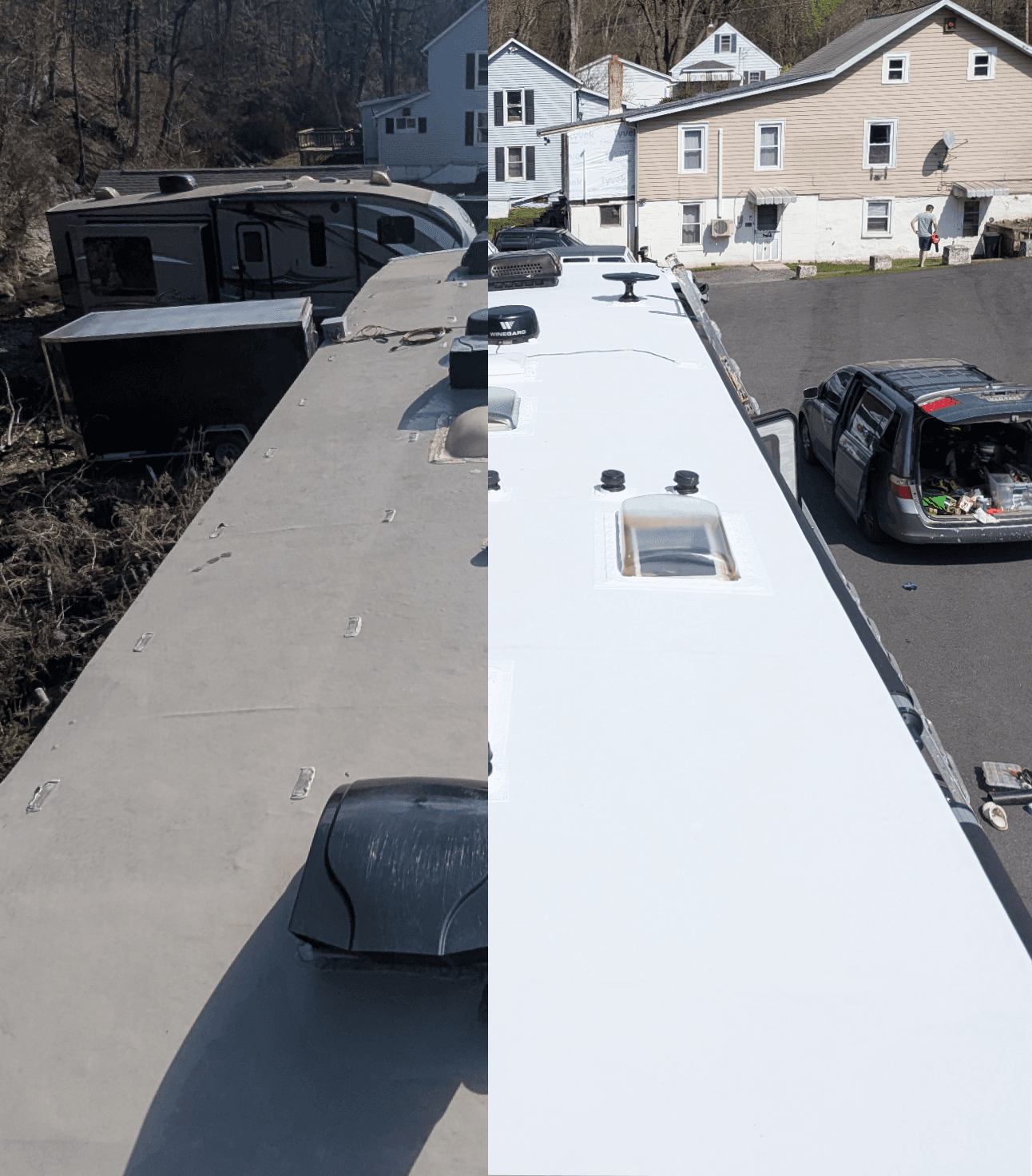 Before and after RV roof replacement showing new TPO membrane in Philadelphia