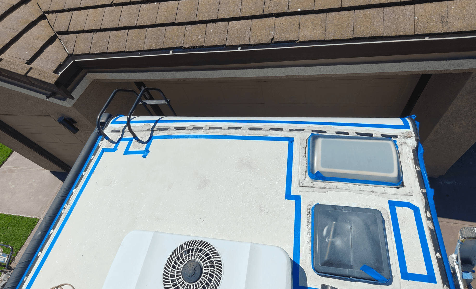 Front roof section taped for maintenance