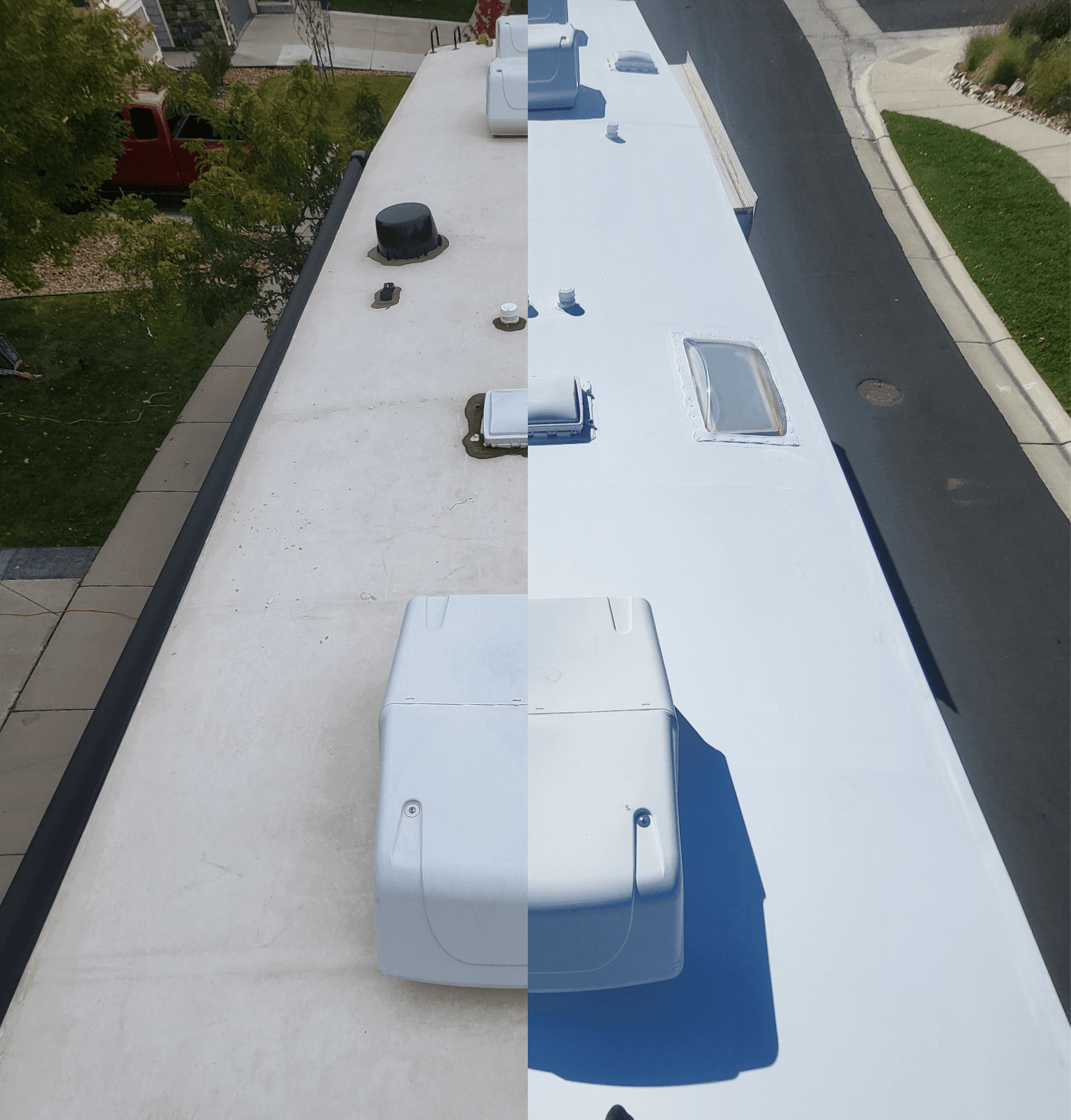 Before and after RV roof replacement showing new TPO membrane in Denver