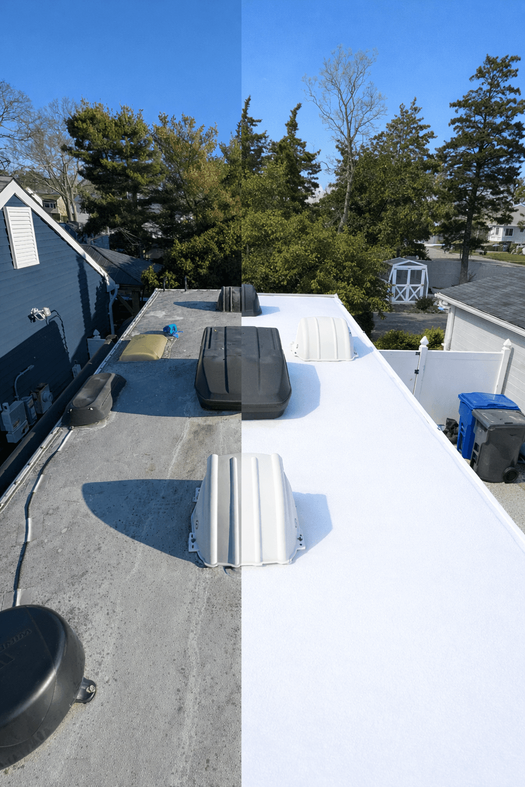 Before and after RV roof replacement showing new TPO membrane in Philadelphia